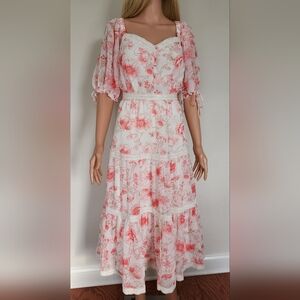 NWT RACHEL PARCELL PINK ROSE FLORAL TIERED BALLON SLEEVES MIDI DRESS 6 MEDIUM